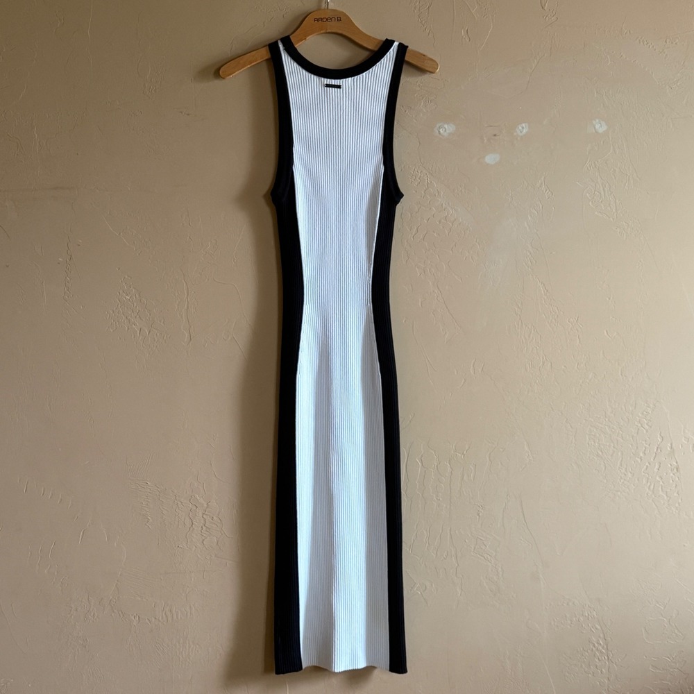 Michael Kors Black White Ribbed Knit Colorblock Midi Bodycon Dress Womens XS